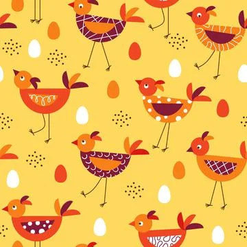 Seamless pattern with cute cartoon birdies on thin legs, eggs, dots Stock Illustration
