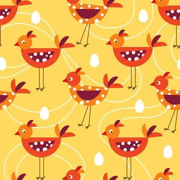 Seamless pattern with cute cartoon birdies on thin legs, eggs, lines 스톡 일러스트