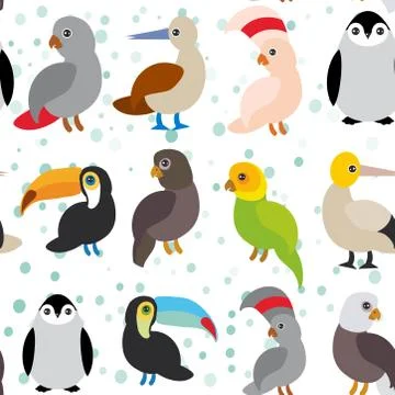 Seamless pattern Cute Cartoon birds set - gannet penguin toucan parrot eagle Illustrazione stock