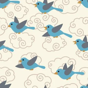 Seamless pattern with cute cartoon birds in the sky Stock Illustration