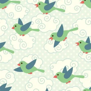 Seamless pattern with cute cartoon birds in the sky Stock Illustration