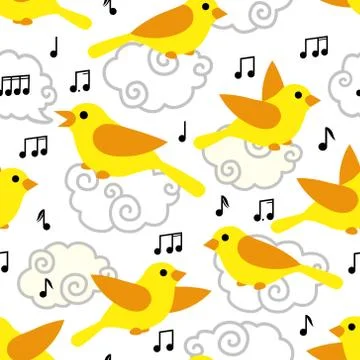 Seamless pattern with cute cartoon birds and notes 스톡 일러스트