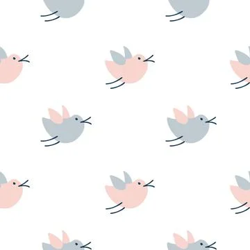 Seamless pattern with cute cartoon birds, doodle style. Hand drawn vector Illustrazione stock