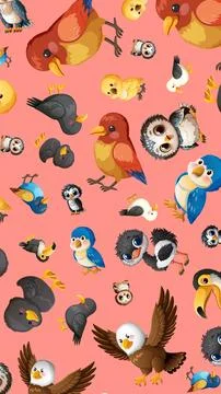 Seamless Pattern of Cute Cartoon Birds on Pink Background Stock Illustration