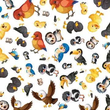 Seamless Pattern of Cute Cartoon Birds on a White Background 스톡 일러스트