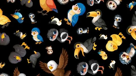 Seamless Pattern of Cute Cartoon Birds on a Black Background Stockillustratie