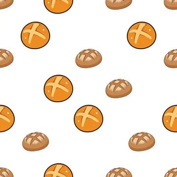 Seamless pattern with cute cartoon bread rolls and pastries on white backgr.. Stock Illustration