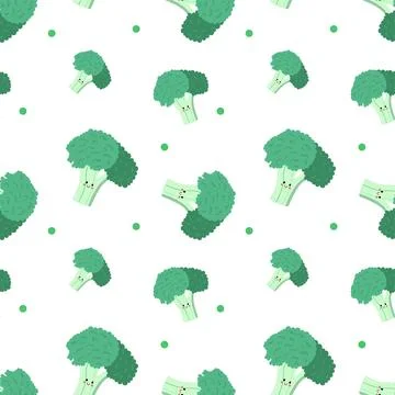 Seamless pattern with cute cartoon broccoli character. Vector illustration in Stock Illustration