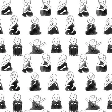 Seamless pattern with cute cartoon buddhist monks. Can be used for wallpaper Stock Illustration