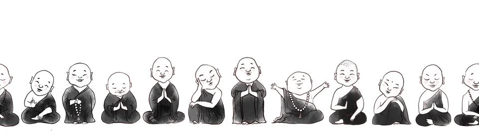 Seamless pattern with cute cartoon buddhist monks. Can be used for wallpaper Stock Illustration