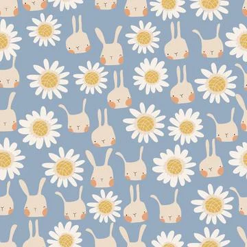 Seamless pattern of cute cartoon bunnies and daisies on blue background Stock Illustration