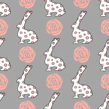 Seamless pattern with cute cartoon bunny and rose. Stock Illustration