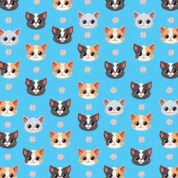 Seamless Pattern of Cute Cartoon Cat Faces and Pink Flowers Stock Illustration