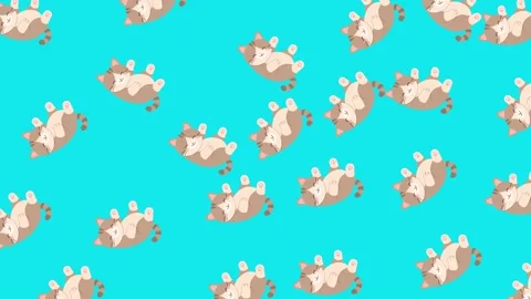 Seamless Pattern of Cute Cartoon Cats Lying on Back on Turquoise Background Stock Footage 345540011