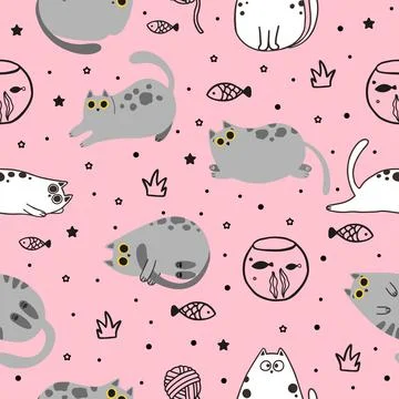 Seamless pattern with cute cartoon cats. Great for fabric, textile vector Stock Illustration