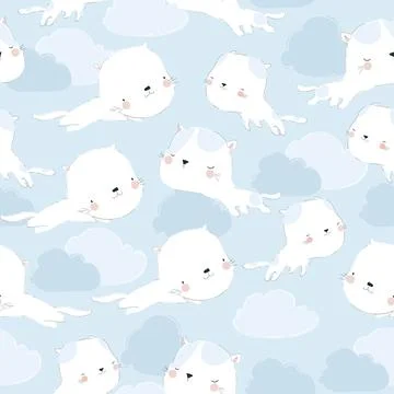 Seamless Pattern with Cute Cartoon Cats flying on the Sky Illustrazione stock