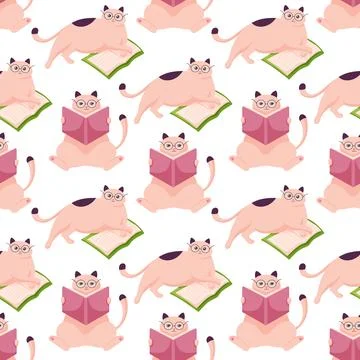 Seamless pattern of cute cartoon cats with glasses, reading books, playful and Illustrazione stock