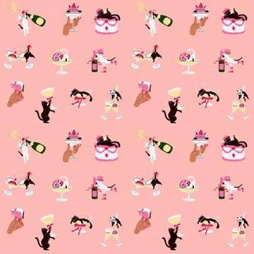 Seamless pattern with Cute Cartoon Cats in Cocktail Glasses. Illustrazione stock