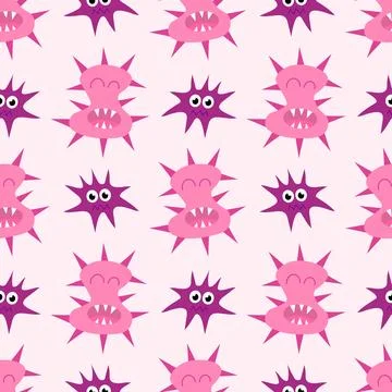 Seamless Pattern with Cute cartoon character virus, bacteria, microbe Stock Illustration