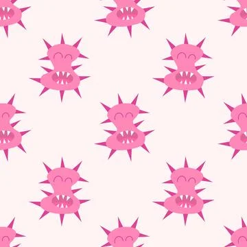 Seamless Pattern with Cute cartoon character virus, bacteria, microbe. Stock Illustration