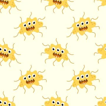 Seamless Pattern with Cute cartoon character virus, bacteria, microbe Stock Illustration