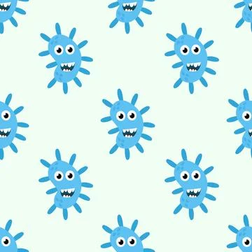 Seamless Pattern with Cute cartoon characters virus, bacteria, microbe. Stock Illustration