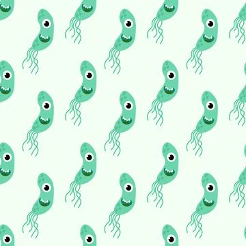 Seamless Pattern with Cute cartoon characters virus, bacteria, microbe. Stock Illustration