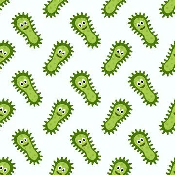 Seamless Pattern with Cute cartoon characters virus, bacteria, microbe. Stock Illustration