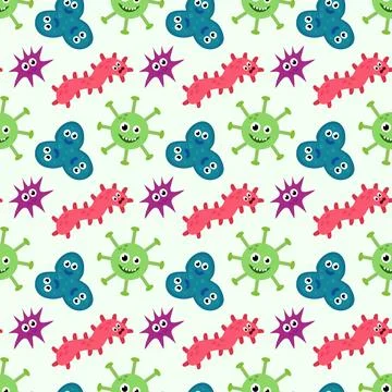 Seamless Pattern with Cute cartoon characters virus, bacteria, microbe. Stock Illustration