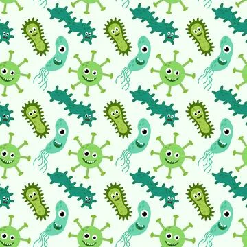 Seamless Pattern with Cute cartoon characters virus, bacteria, microbe Stock Illustration
