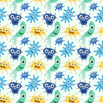 Seamless Pattern with Cute cartoon characters virus, bacteria, microbe. Stock Illustration