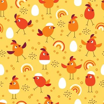 Seamless pattern with cute cartoon chicks, rainbow, eggs, dots Stock Illustration