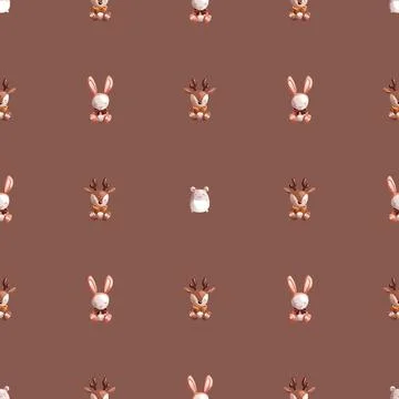 Seamless pattern of cute cartoon children's knitted toys deer, mouse, rat, ra Stock Illustration