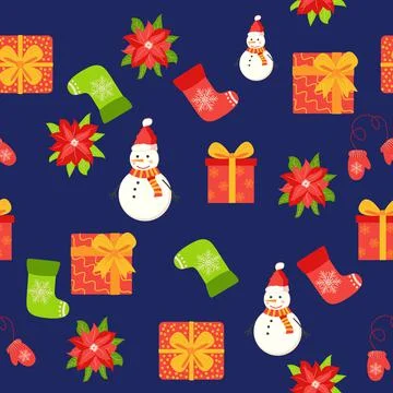 Seamless pattern with cute cartoon Christmas snowman, gifts, poinsettia, mitt Stock Illustration