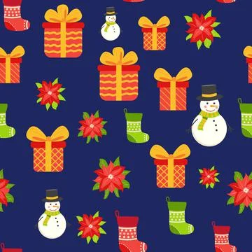 Seamless pattern with cute cartoon Christmas snowman, gifts, poinsettia, holl Stock Illustration