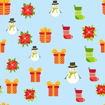 Seamless pattern with cute cartoon Christmas snowman, gifts, poinsettia, holl Stock Illustration