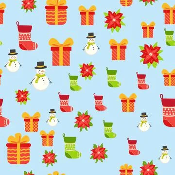 Seamless pattern with cute cartoon Christmas snowman, gifts, poinsettia, holl Stock Illustration