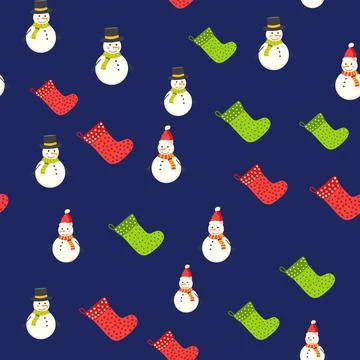 Seamless pattern with cute cartoon Christmas snowman, candy cane, holly berri Stock Illustration