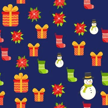 Seamless pattern with cute cartoon Christmas snowman, gifts, poinsettia, holl Stock Illustration