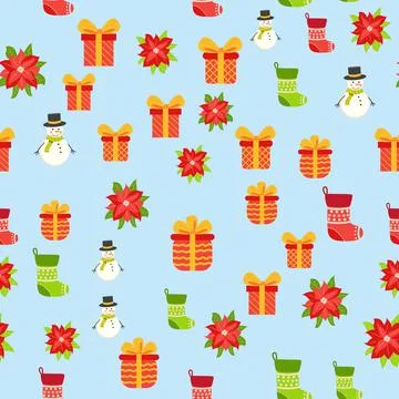 Seamless pattern with cute cartoon Christmas snowman, gifts, poinsettia, holl Stock Illustration