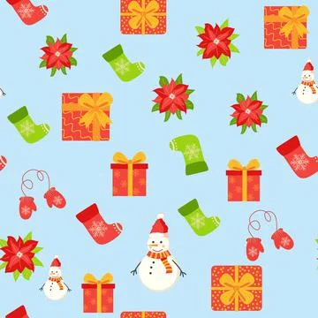 Seamless pattern with cute cartoon Christmas snowman, gifts, poinsettia, mitt Stock Illustration
