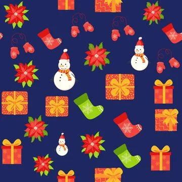 Seamless pattern with cute cartoon Christmas snowman, gifts, poinsettia, mitt Stock Illustration