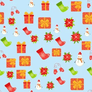 Seamless pattern with cute cartoon Christmas snowman, gifts, poinsettia, mitt Stock Illustration