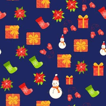 Seamless pattern with cute cartoon Christmas snowman, gifts, poinsettia, mitt Stock Illustration