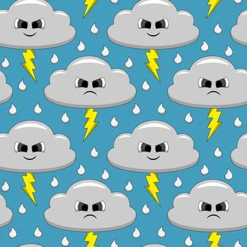 Seamless pattern with cute cartoon Cloud with Lightning Stock Illustration
