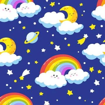 Seamless pattern with cute cartoon clouds, crescents and rainbows. Stock Illustration