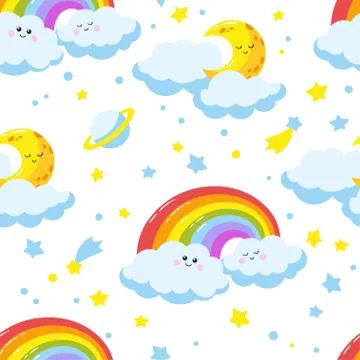 Seamless pattern with cute cartoon clouds, crescents and rainbows. Stock Illustration