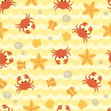 Seamless pattern with cute cartoon crabs, seashells and starfishes Seamles... Stock Photos