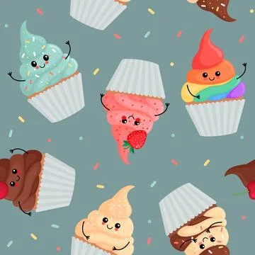 Seamless pattern of cute cartoon cupcakes with funny faces and colorful fro.. Illustrazione stock