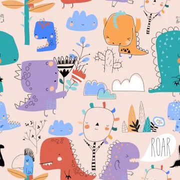 Seamless pattern with cute cartoon dinosaurs on pink background Illustrazione stock